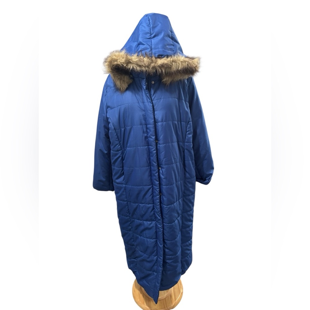 Roaman's Plus Size Blue Knee Length Puffer Coat w/Faux Fur Hood-size 1X - Picture 4 of 11